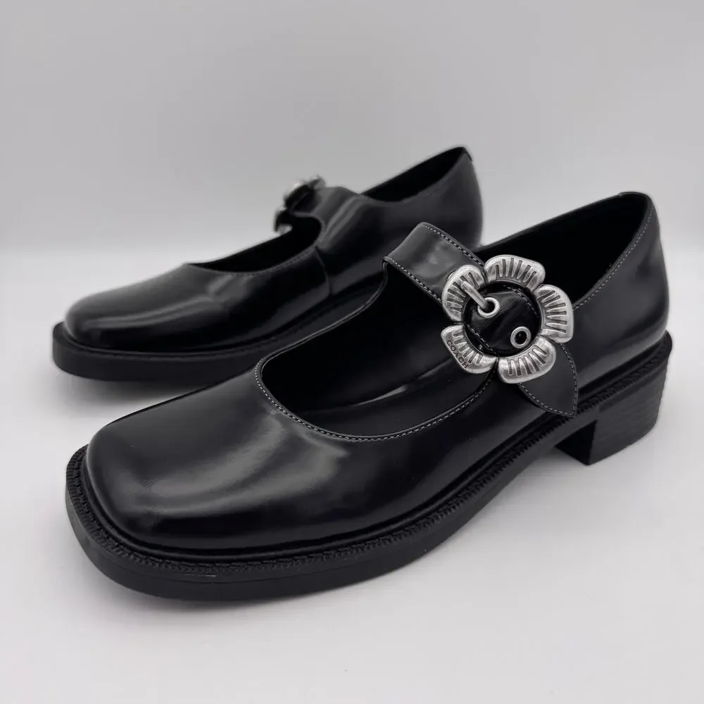 Coach Tea Rose Mary Jane Flats Womens size 7.5 Patent Leather Black Buckle Shoes